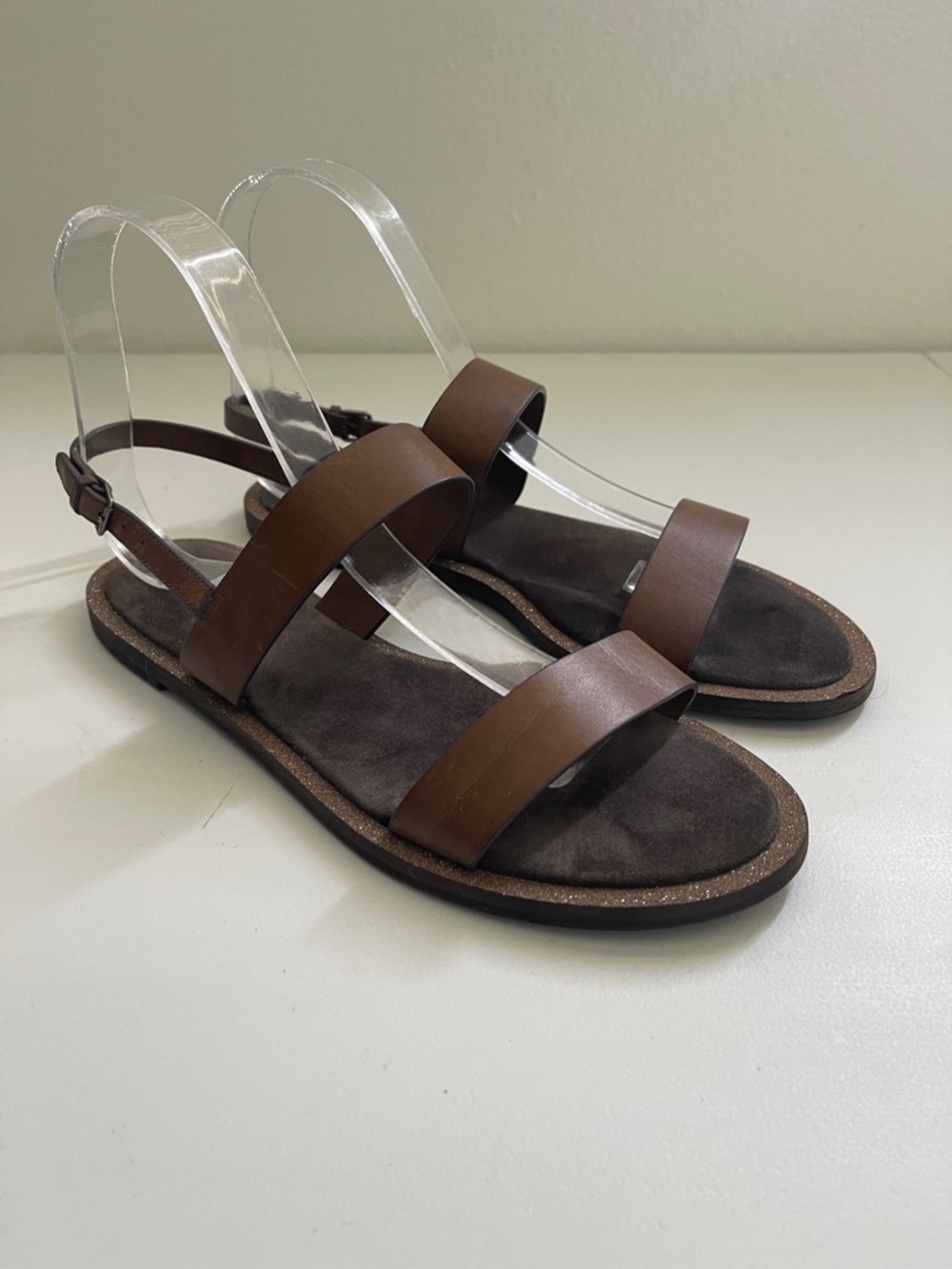 Brunello Cucinelli Brown Leather Double Strap Sparkle Edges Flats Sandals 37 / 7
